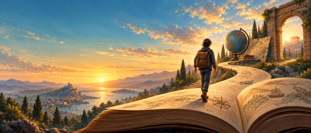 A student walks across the pages of a giant open book toward a globe and an ancient stone archway at sunset, representing exploration through history, geography, and world studies.