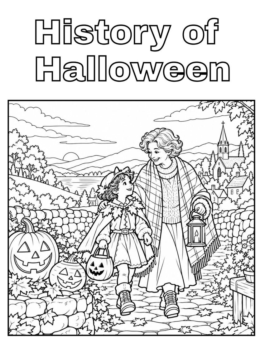 Coloring page cover for the lapbook, titled History of Halloween