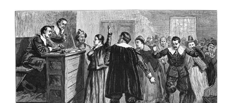 1876 engraving imagining an examination of an accused woman at Salem Village