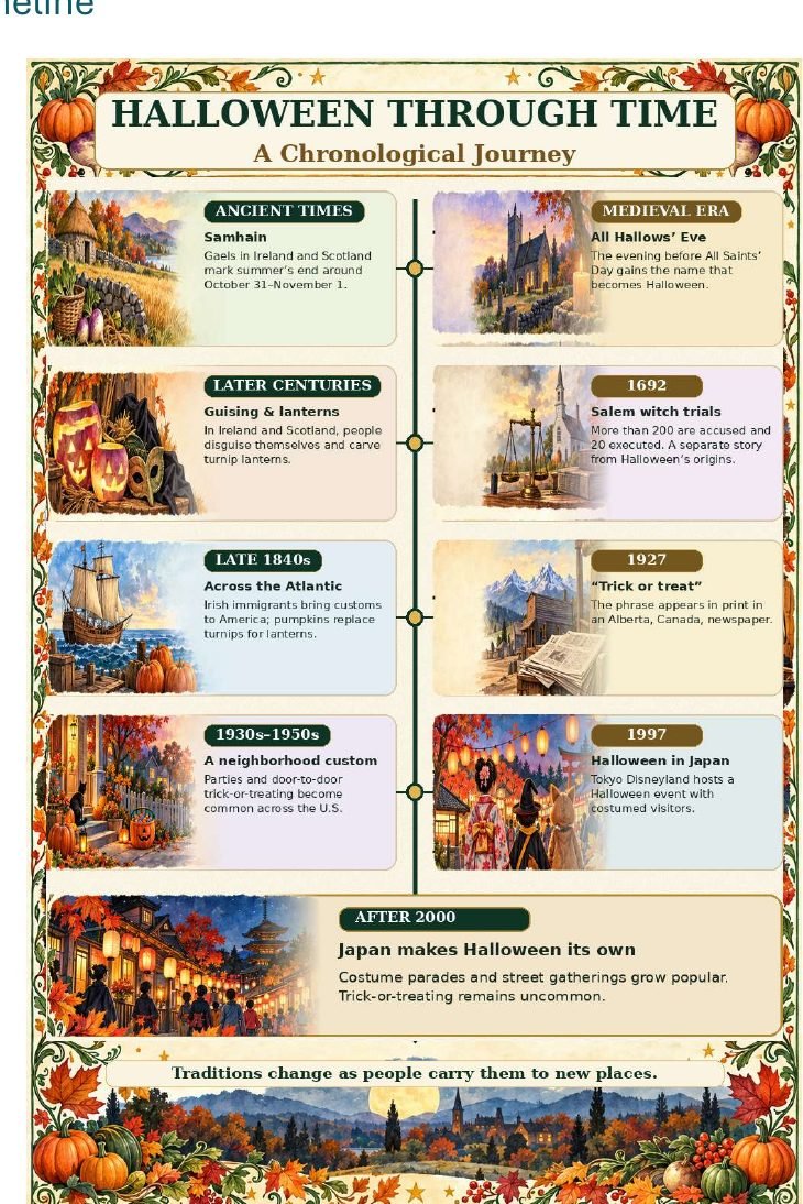 Halloween Through Time illustrated chronological timeline