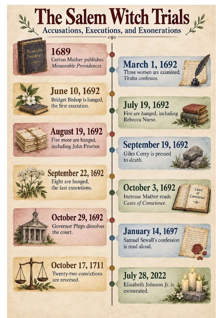 Salem Witch Trials illustrated timeline of accusations, executions and exonerations