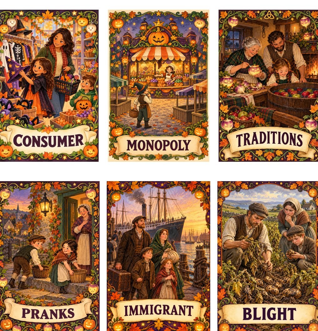 Illustrated vocabulary cards: consumer, monopoly, traditions, pranks, immigrant, blight