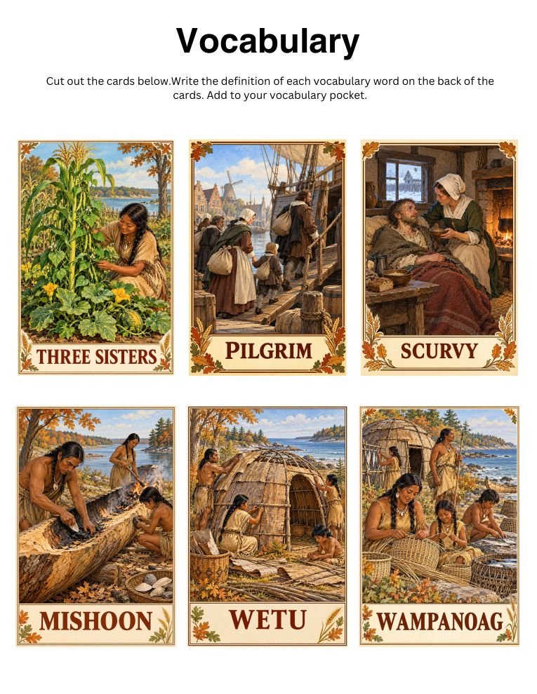 Illustrated vocabulary cards from an Indie Ed Press activity pack