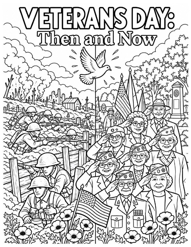 Veterans Day Then and Now coloring page