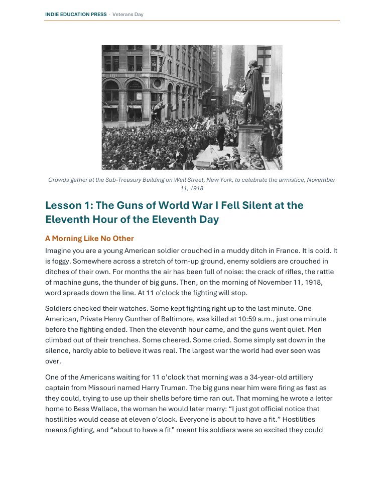 Lesson 1 opening page with a photograph of crowds on Wall Street celebrating the armistice in 1918