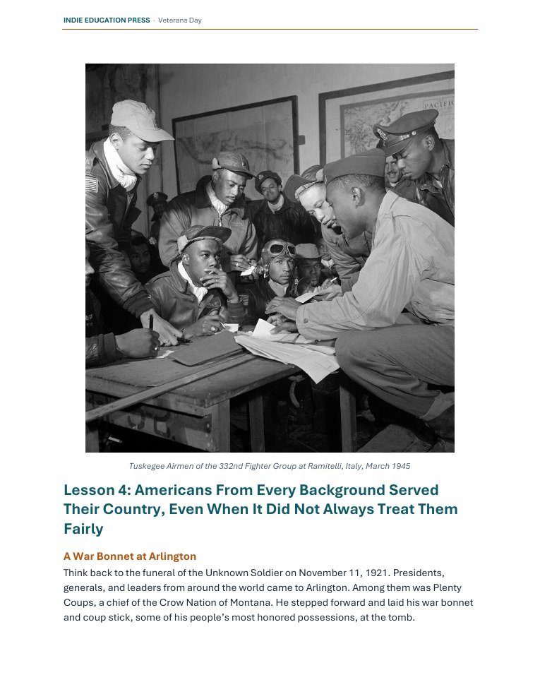 Lesson 4 opening page with a 1945 photograph of Tuskegee Airmen of the 332nd Fighter Group in Italy