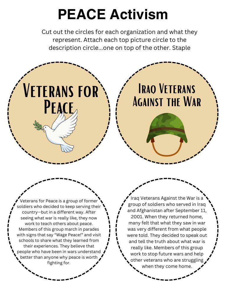 Peace activism cut-out circles for Veterans for Peace and Iraq Veterans Against the War