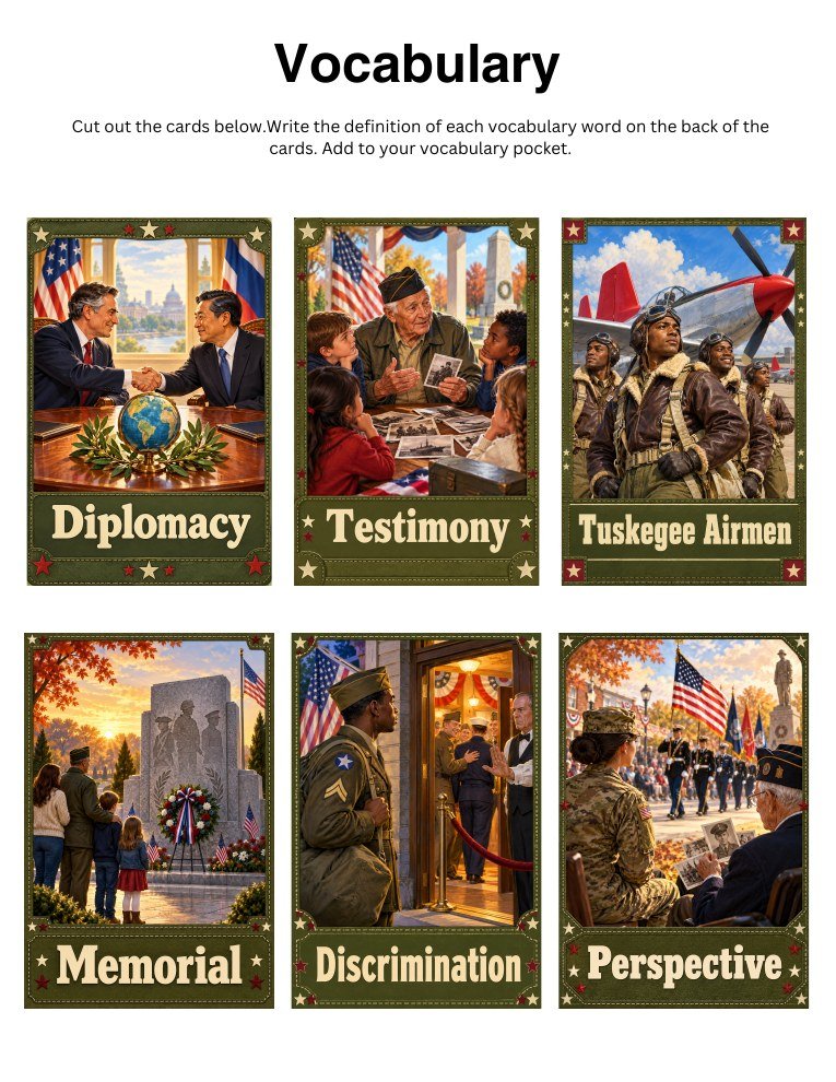 Illustrated vocabulary cards to cut out: diplomacy, testimony, Tuskegee Airmen, memorial, discrimination, perspective